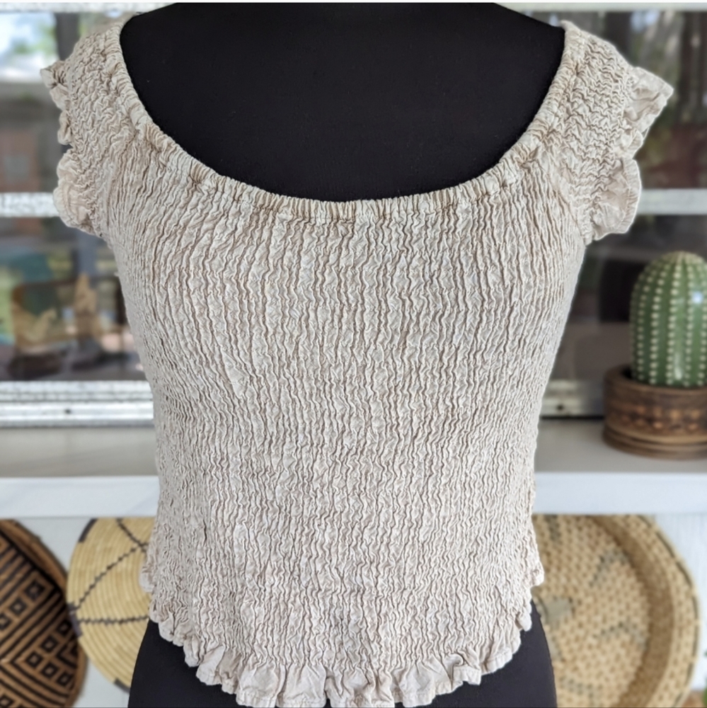 Vintage Hippie Crop Top Smocked Neutral Free Size Tee Beach Coastal Cowgirl - Picture 3 of 14